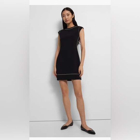 THEORY Embroidered Shift Dress in Admiral black and white Crepe women size 2 new - Picture 6 of 8